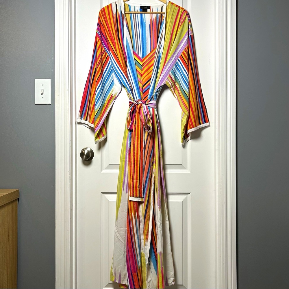 Natori Multicolor Stripe Full Length Belted Kimono Robe & Maxi Slip Dress Set